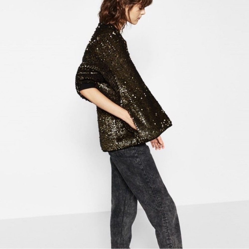 Zara oversized faux fur sequin bomber jacket black gold medium - Picture 2 of 12